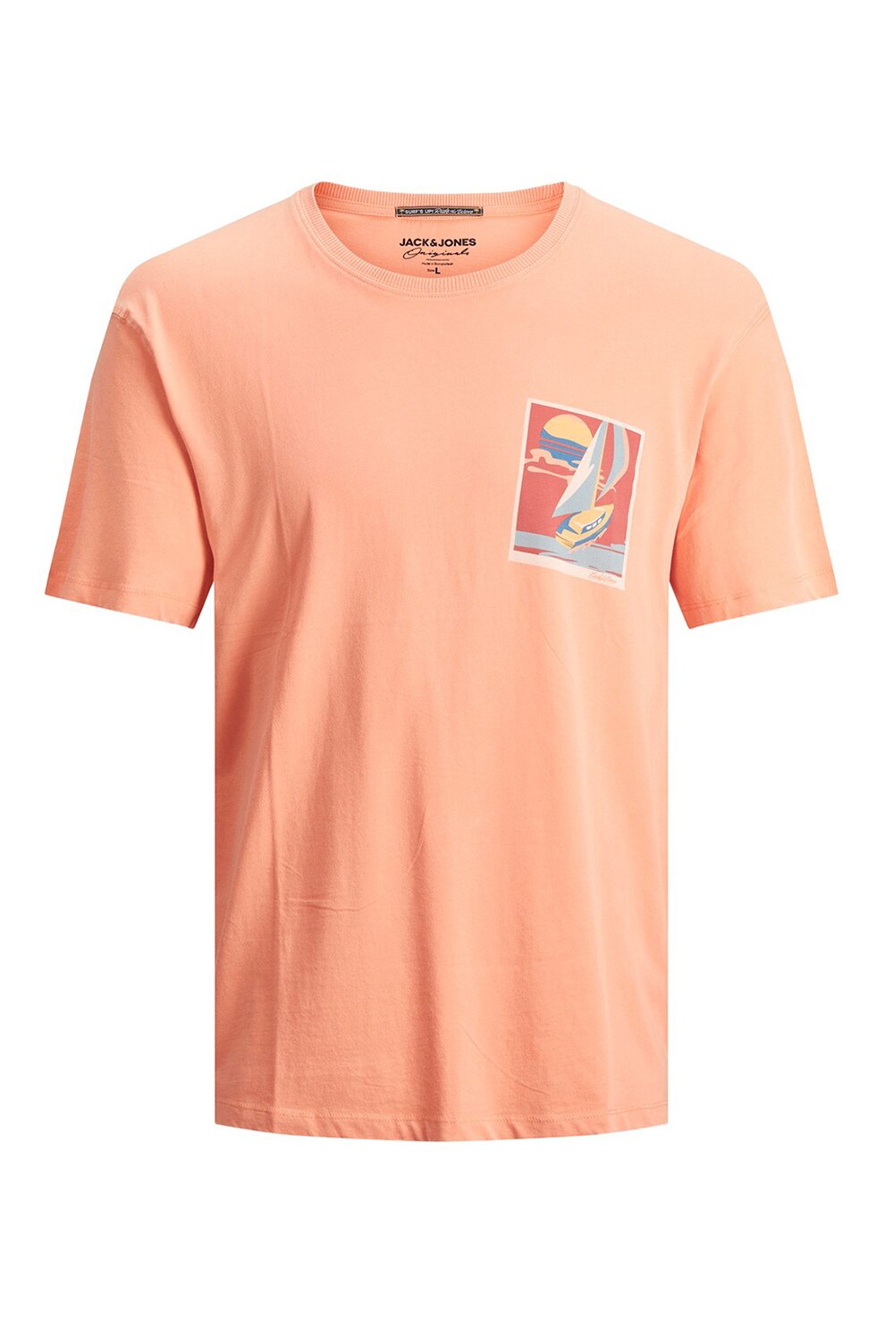 Jack&Jones, Tricou de bumbac cu imprimeu pe piept, Corai
