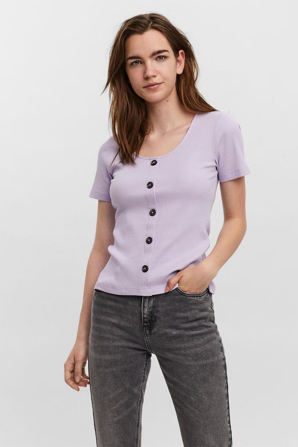 Vero Moda, Tricou cu striatii si nasturi decorativi, Lila prafuit