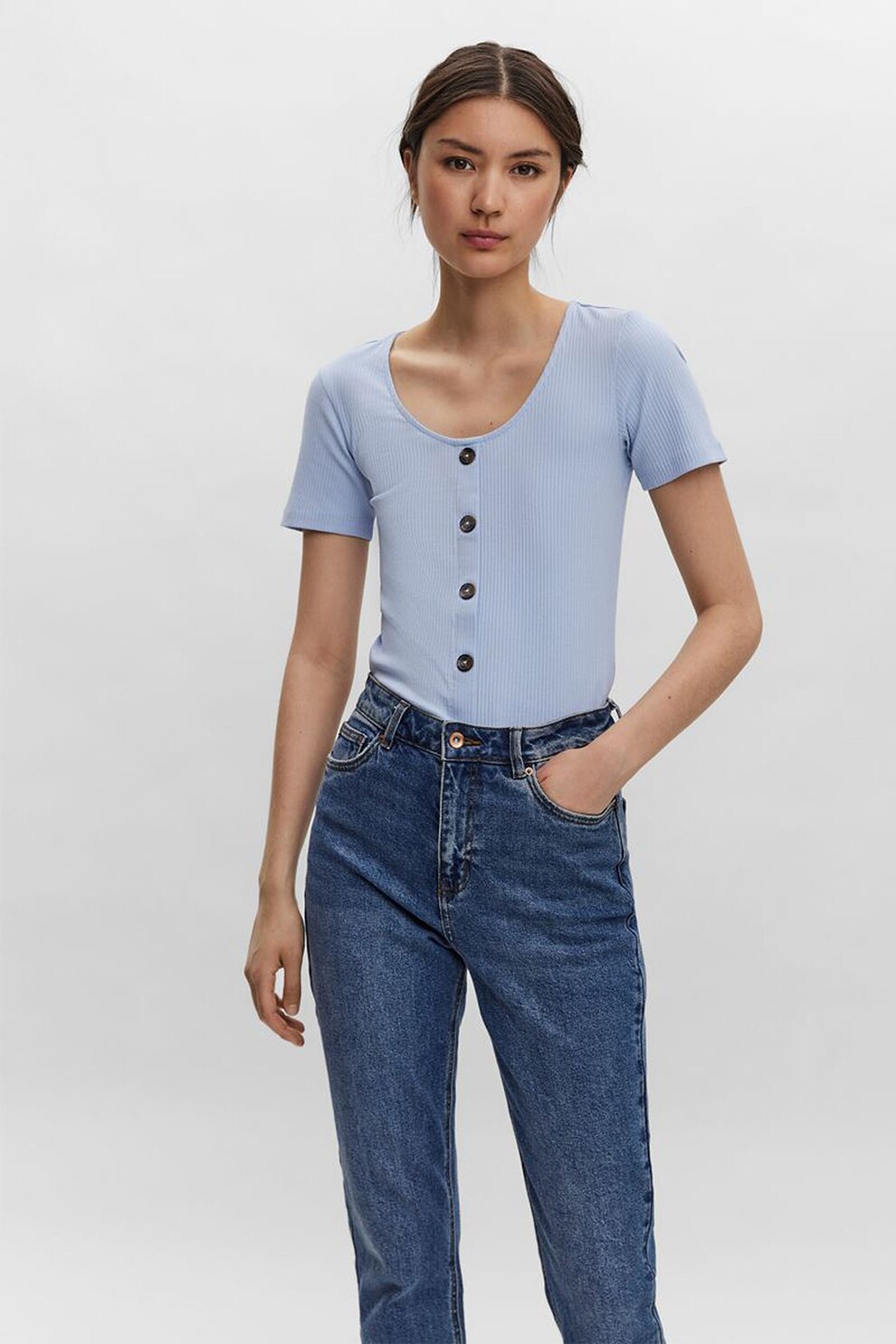Vero Moda, Tricou cu striatii si nasturi decorativi, Albastru lavanda