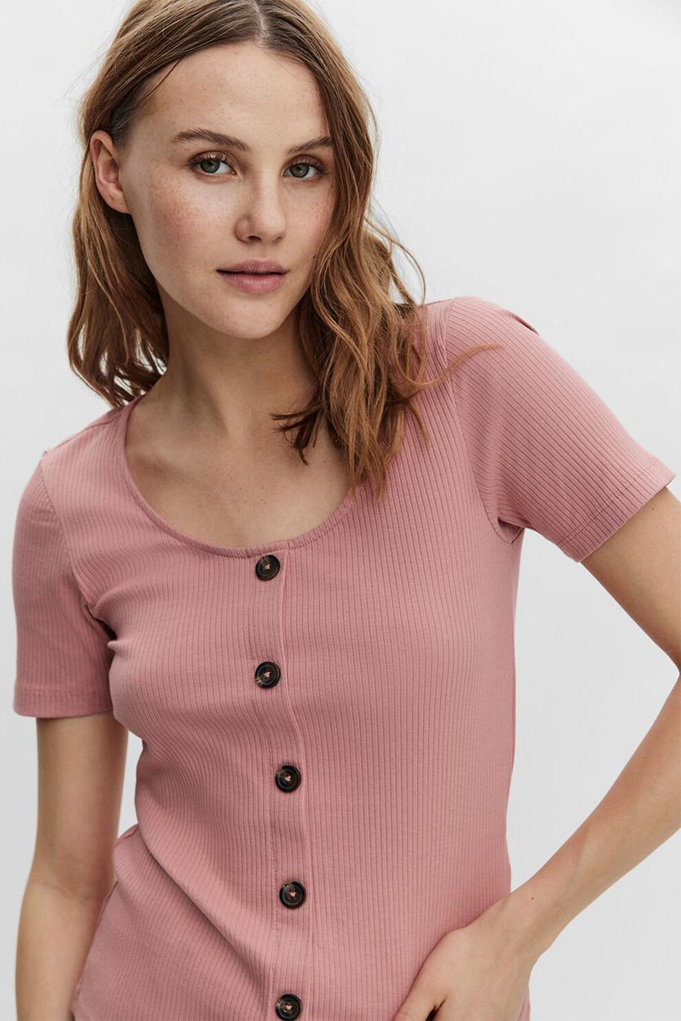 Vero Moda, Tricou cu striatii si nasturi decorativi, Roz prafuit