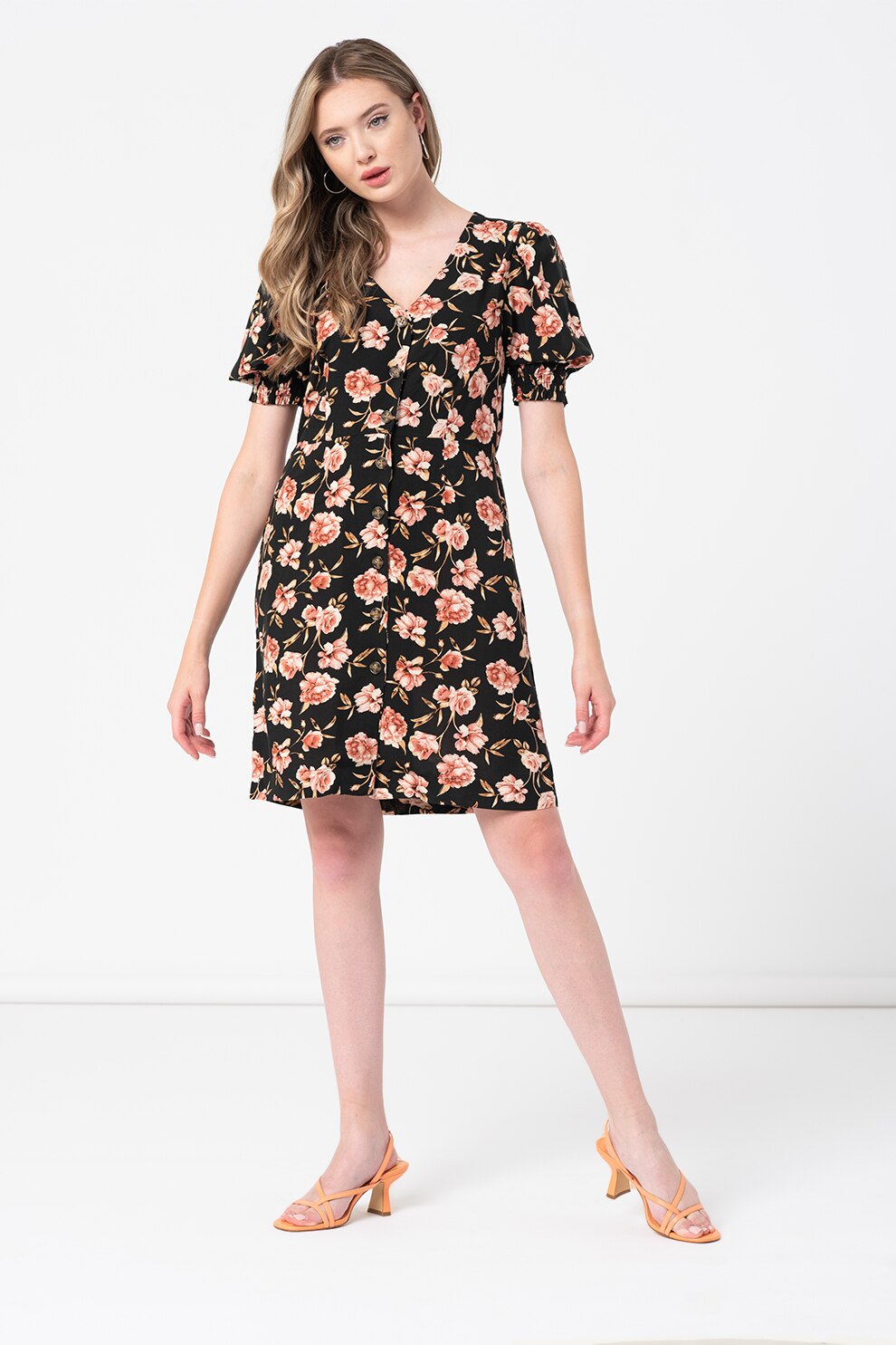 Vero Moda, Rochie de viscoza cu decolteu in V Simply Easy, Negru/Roz pastel/Maro nisip