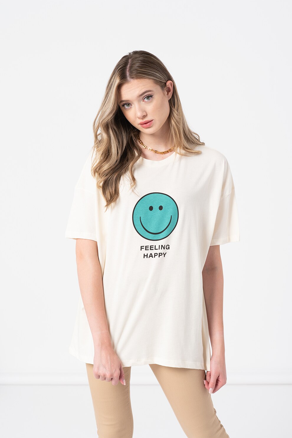 Noisy May, Tricou supradimensionat de bumbac organic cu imprimeu grafic Ida, Alb prafuit