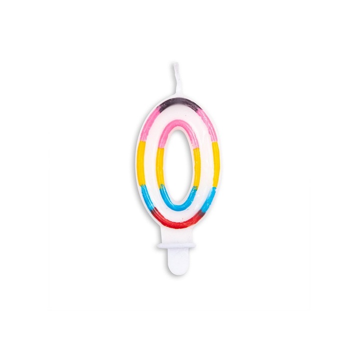 Lumanare aniversara pentru tort, cifra 0, multicolor, 7 cm