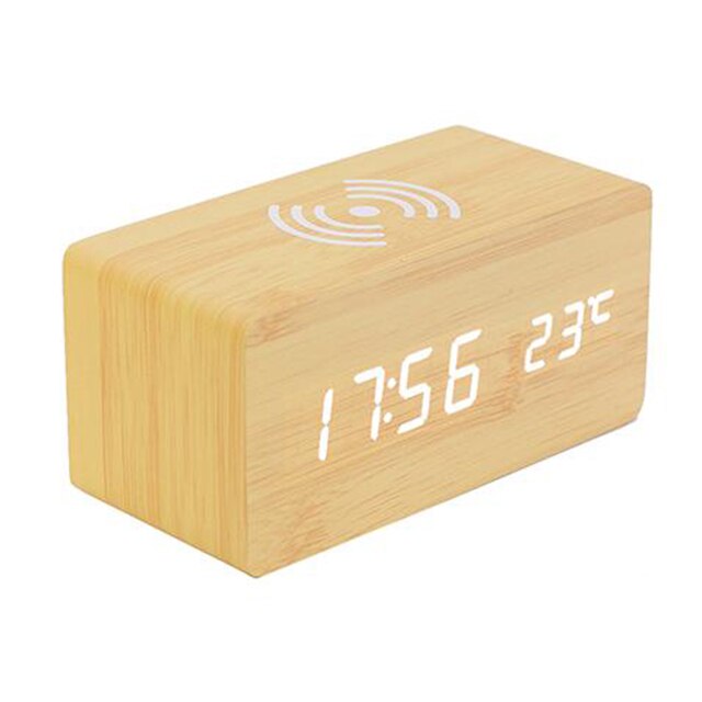 Ceas digital cu statie de incarcare wireless Sita W1, aspect lemn, cablu usb, afisaj alb