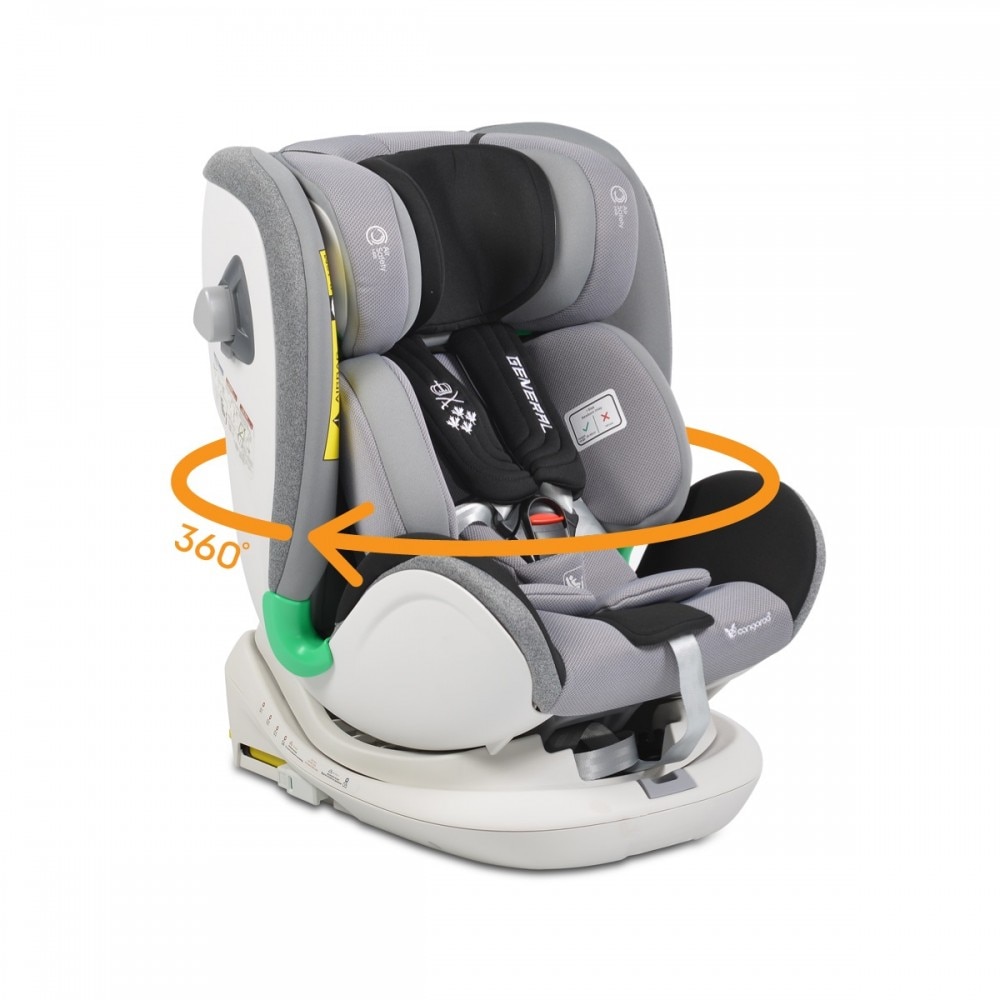 Scaun auto General, gri inchis, 5 pozitii de inclinare, sistem ISOFIX, tetiera reglabila pe 10 pozitii, rotire 360 de grade, prindere in 5 puncte