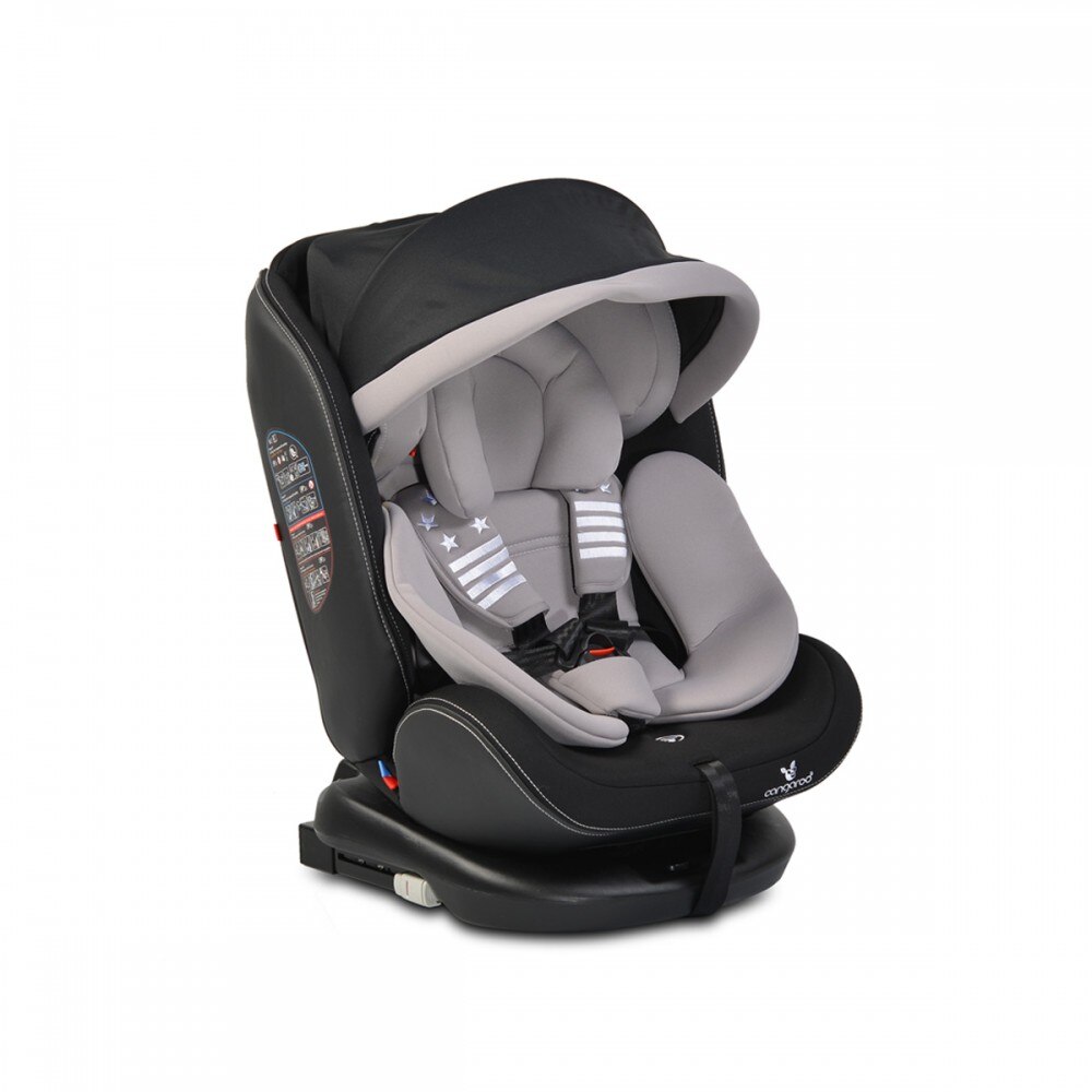 Scaun auto Pilot, gri, 4 pozitii de inclinare, sistem ISOFIX, tetiera reglabila pe 10 pozitii, rotire 360 de grade, prindere in 5 puncte