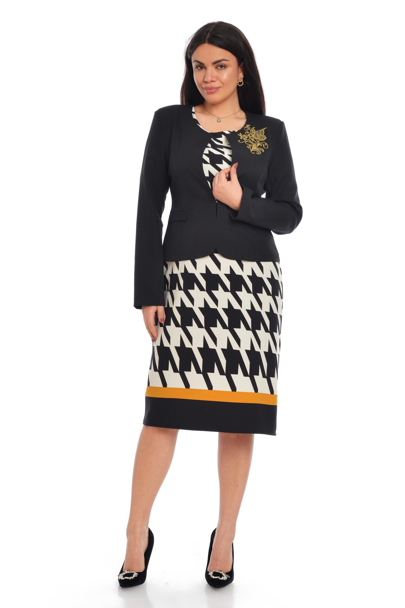 Costum de ocazie cu sacou si rochie, Dress To Impress, Alb/Negru/Galben