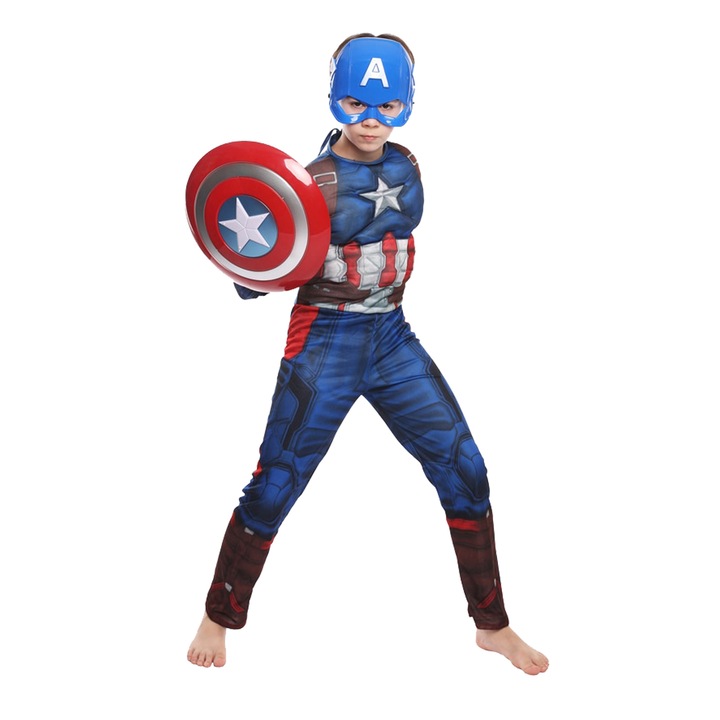 Set costum clasic cu muschi Captain America si scut pentru baiat, L, 7-9 ani 130 - 140 cm