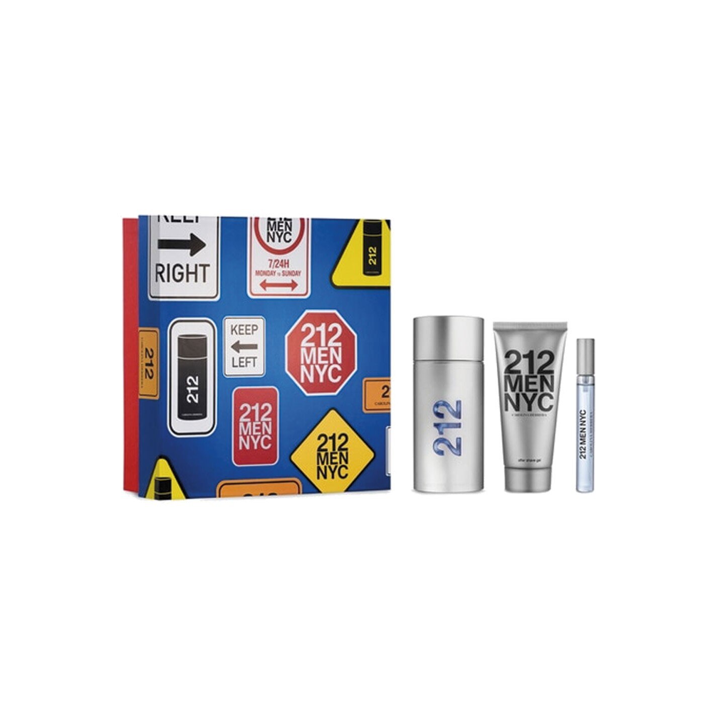 Caseta cadou barbati 212 Carolina Herrera MEN NYC, Apa de toaleta 100 ml, Deodorant 150 ml, Rollerball 10 ml, Multicolor