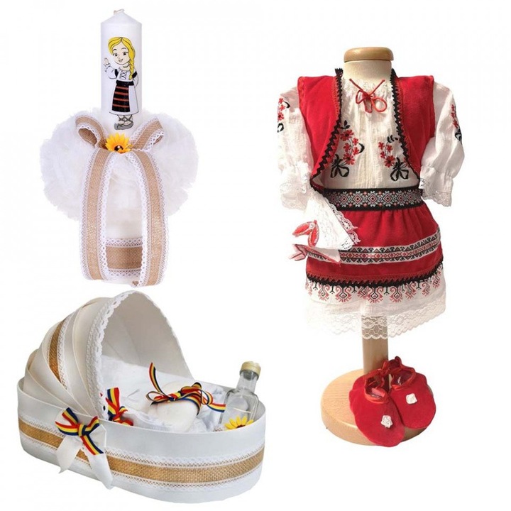 Set botez traditional fetita, trusou botez landou, lumanare si costum traditional, 6 - 9 luni, Denikos® 980