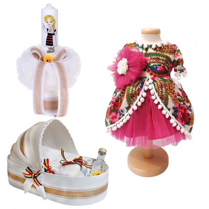 Set botez traditional fetita, trusou botez landou, lumanare si costum traditional, 3 - 6 luni, Denikos® 987