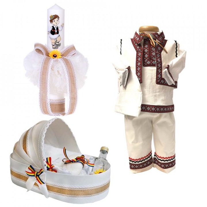 Set botez popular baietel, trusou botez landou, lumanare si costum national baiat, 0 - 3 luni, Denikos® 966
