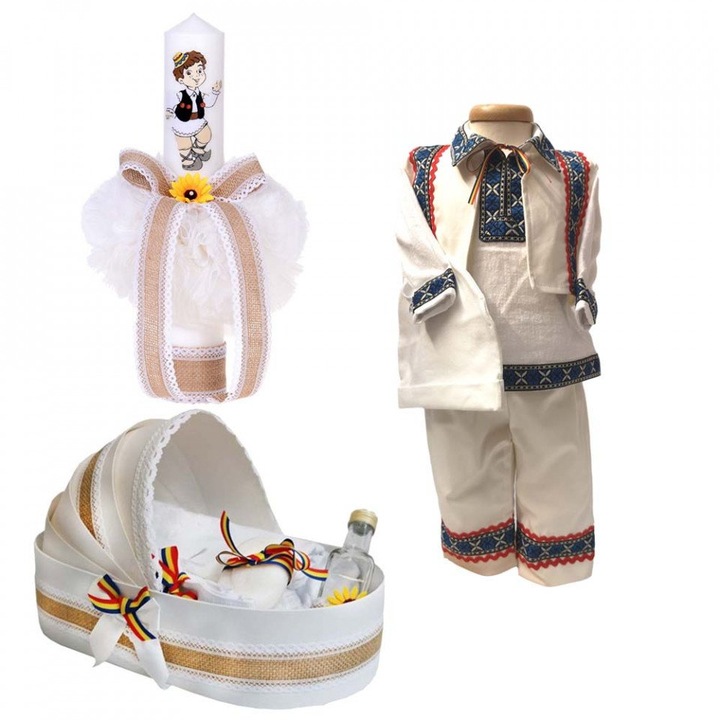 Set botez traditional baietel, trusou botez landou, lumanare si costum popular baiat, 0 - 3 luni, Denikos® 963