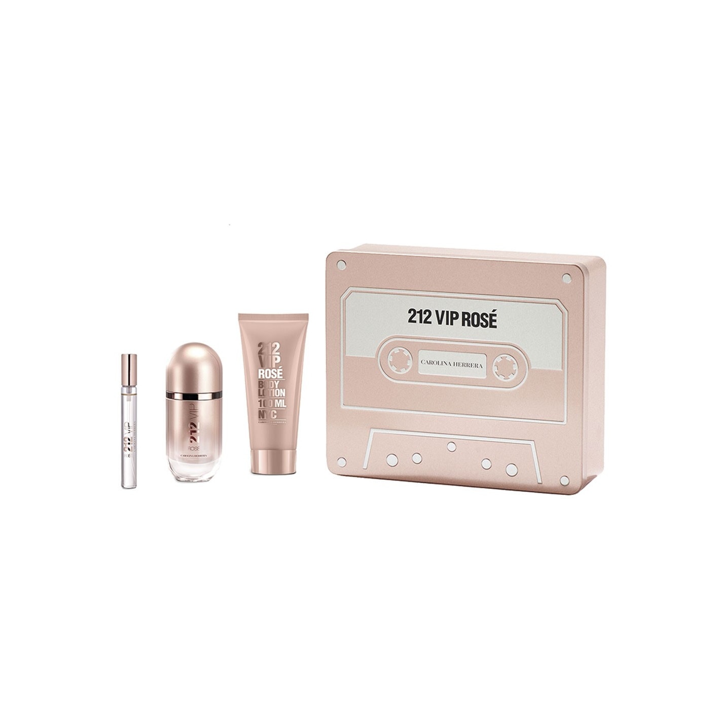 Caseta cadou femei Carolina Herrera 212 VIP Rose, Apa de parfum 50 ml, Lotiune de corp 75 ml, Rollerball 10 ml, Rose Gold