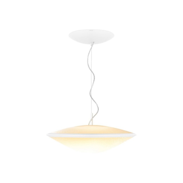 Lustra Suspendata Philips cu LED Integrat, Tehnologie Control prin Voce, Textura 3D, 690 lm, Autonomie 15000 ore, Lumina Alb Cald, 50 60 Hz, Alb
