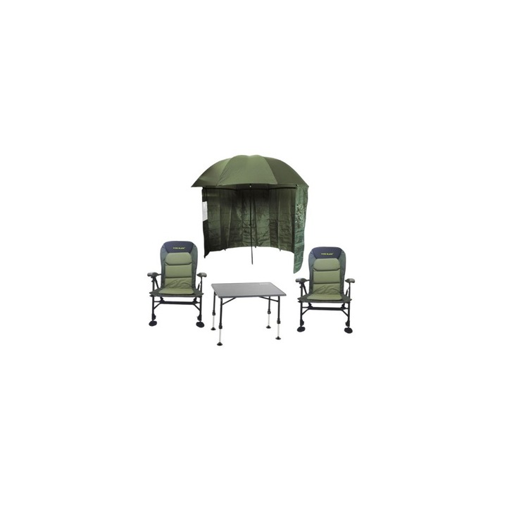 Wind Blade kemping készlet, 2 darab levehető szivacsos szék, dohányzóasztallal és paraván esernyővel, zöld / fekete