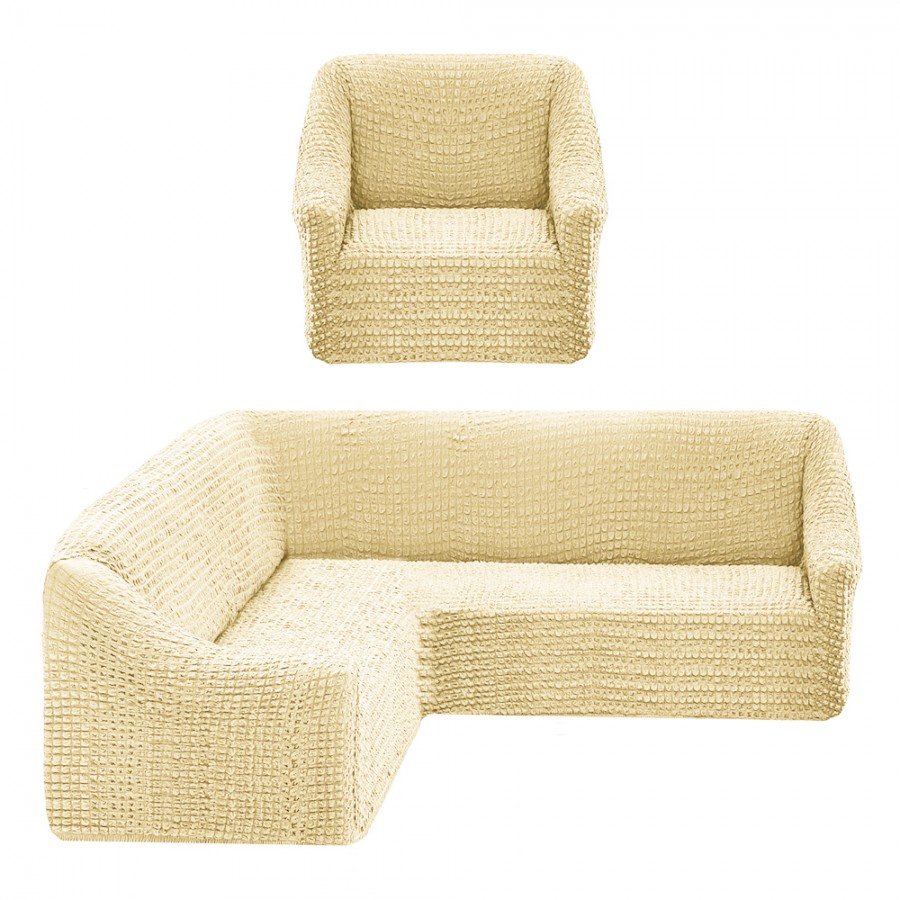 Set Husa elastica din material creponat, pentru coltar si 1 fotoliu, Ecru