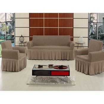 Set Husa elastica pentru canapea 3 locuri si 2 fotolii, bumbac elasticizat, cu volan, Bej Set Husa elastica pentru canapea 3 locuri si 2 fotolii, bumbac elasticizat, cu volan, Bej