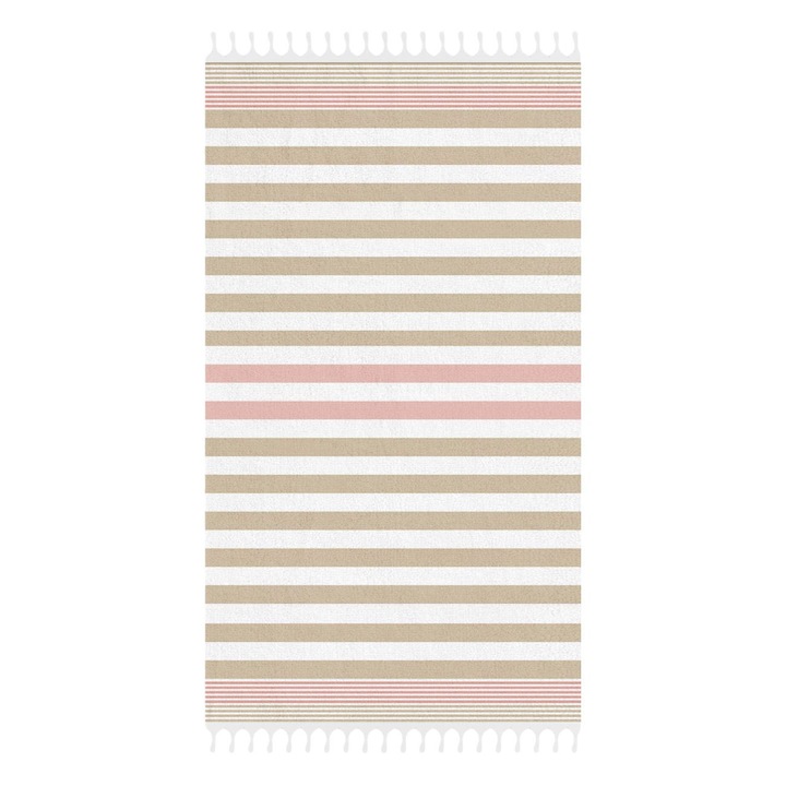 Хавлия за плаж Shopiens®, изработена от памук с бели линии и ресни, 180 х 100 см