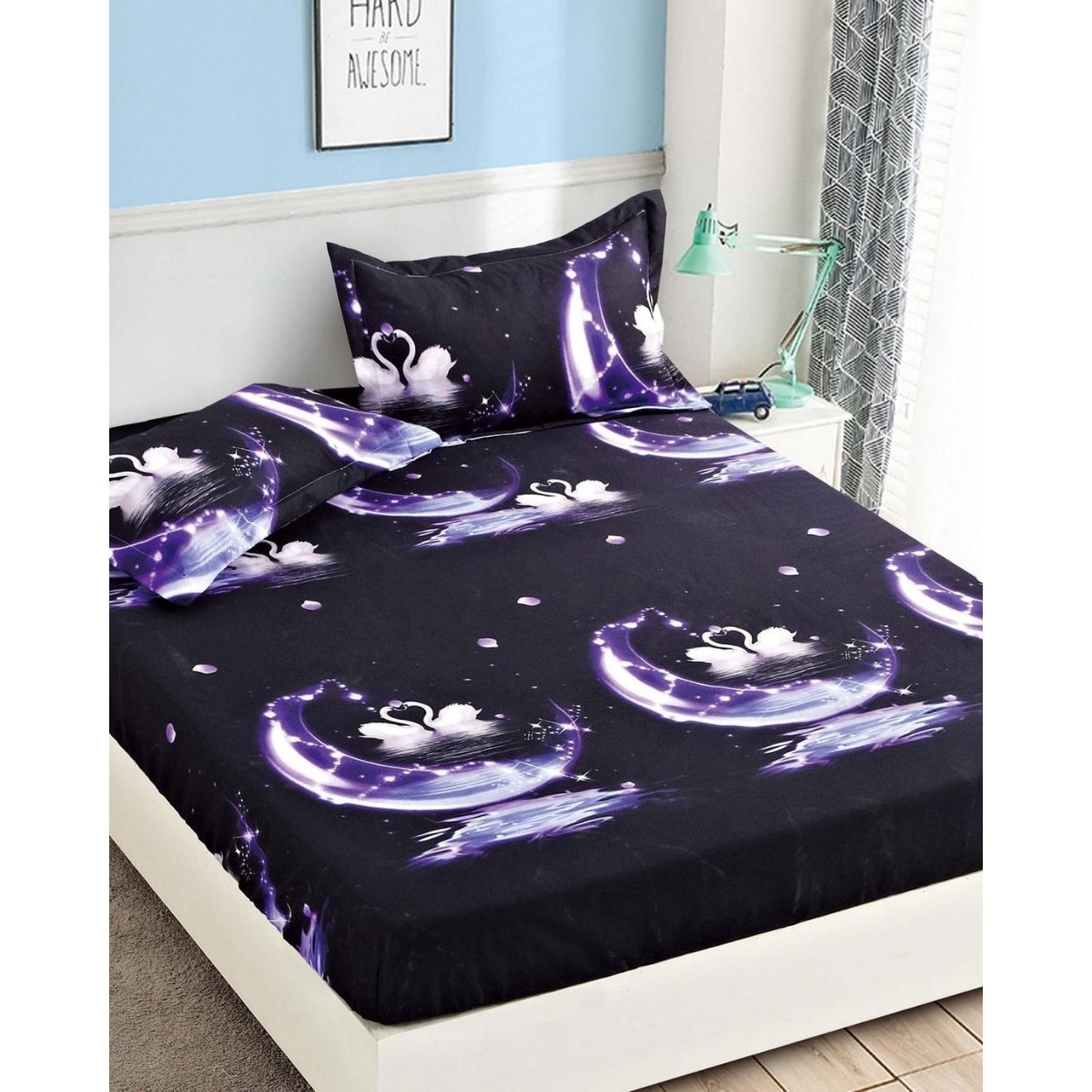 Set Husa de Pat cu Elastic + 2 Fete de Perna pentru Pat Dublu, Finet, Swan Love