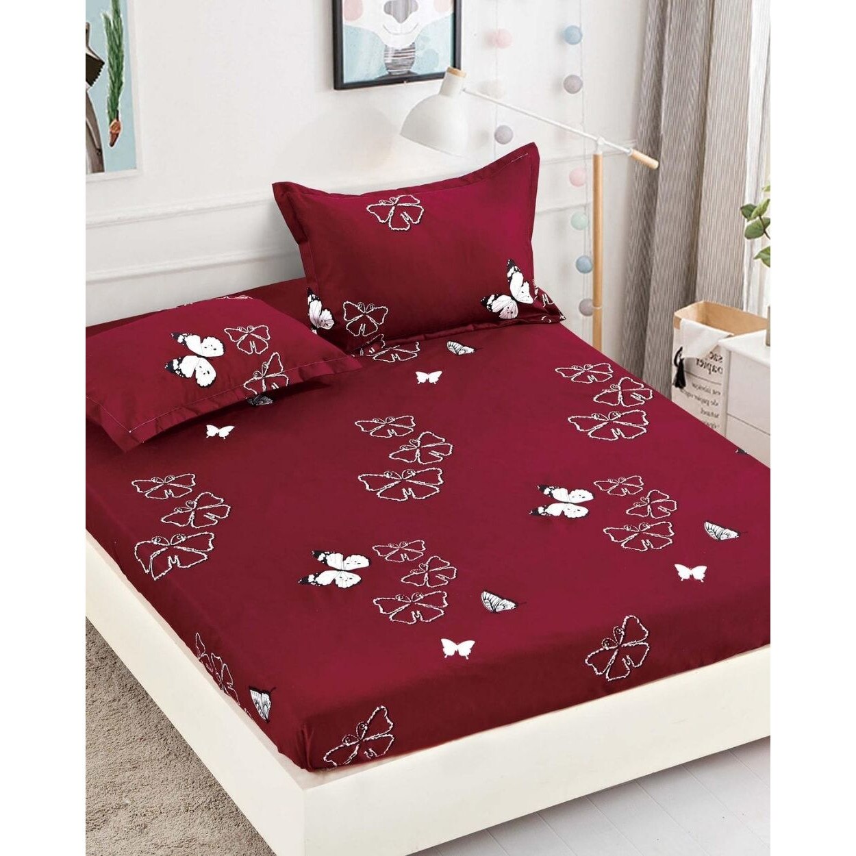 Set Husa de Pat cu Elastic + 2 Fete de Perna pentru Pat Dublu, Finet, Fluturi Bordo