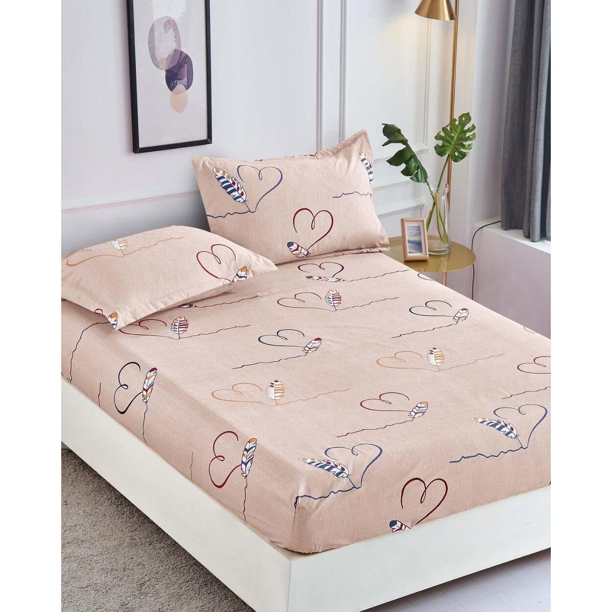 Set Husa de Pat cu Elastic + 2 Fete de Perna pentru Pat Dublu, Finet, Old Hearts