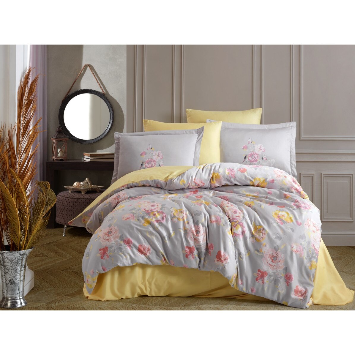 Lenjerie de pat bumbac satinat Calvina Grey, de lux, pentru pat dublu, 6 piese, 200x220 / 50x70