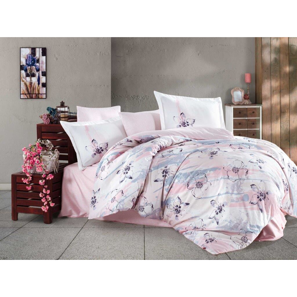 Lenjerie de pat bumbac satinat Brisha Roz, brand Hobby Home, pentru pat dublu, 6 piese, 200x220 / 50x70