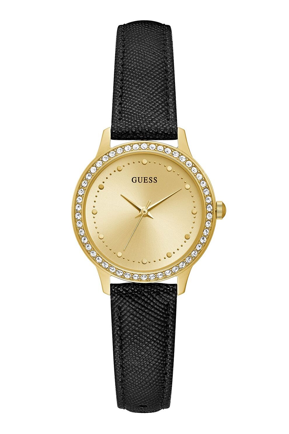 Guess, Ceas cu o curea din piele si decorat cu cristale, Negru/Auriu