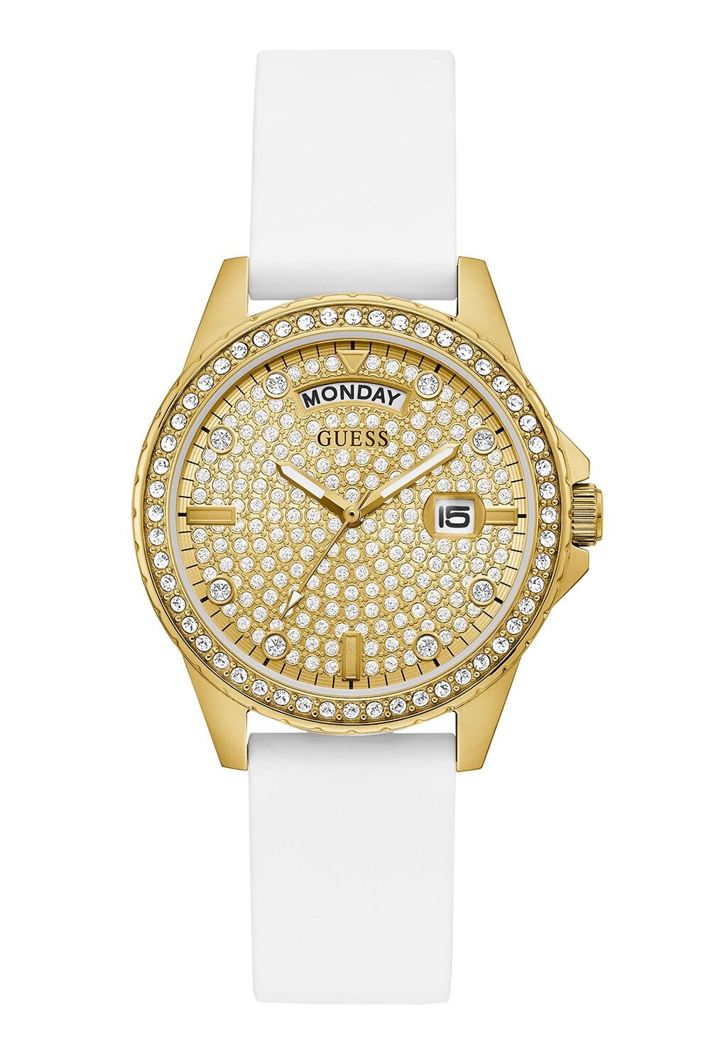 Guess, Ceas quartz decorat cu cristale, Alb/negru/auriu