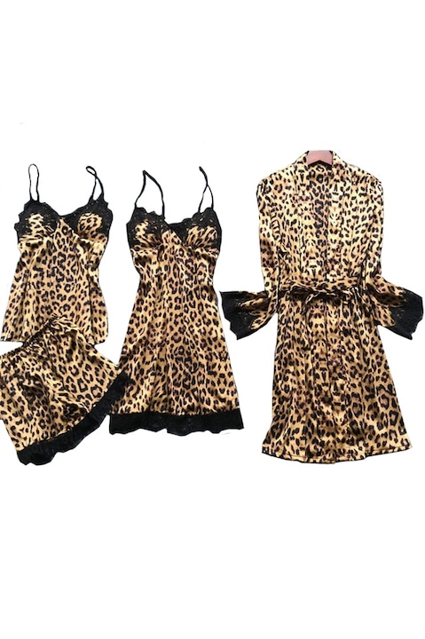 Set Pijama Dantela Leopard Satin, 4 Piese, Marime Universala