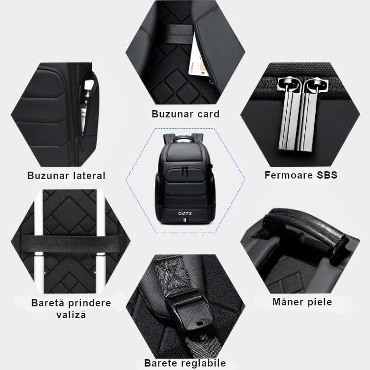 Rucsac laptop GIFTX CENTRO, ghiozdan laptop 17" cu extensie si USB extern, 46x31cm
