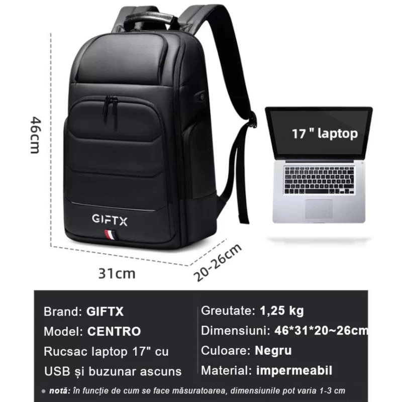 Rucsac laptop GIFTX CENTRO, ghiozdan laptop 17" cu extensie si USB extern, 46x31cm