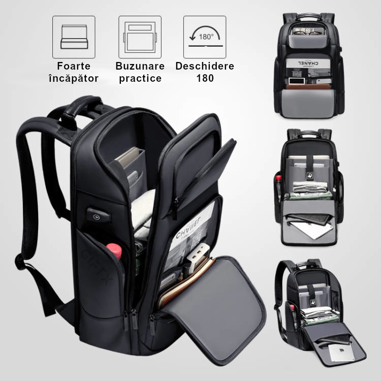 Rucsac laptop GIFTX CENTRO, ghiozdan laptop 17" cu extensie si USB extern, 46x31cm
