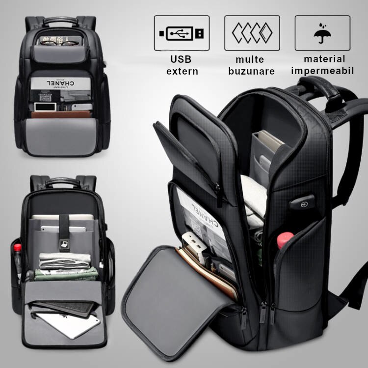 Rucsac laptop GIFTX CENTRO, ghiozdan laptop 17" cu extensie si USB extern, 46x31cm