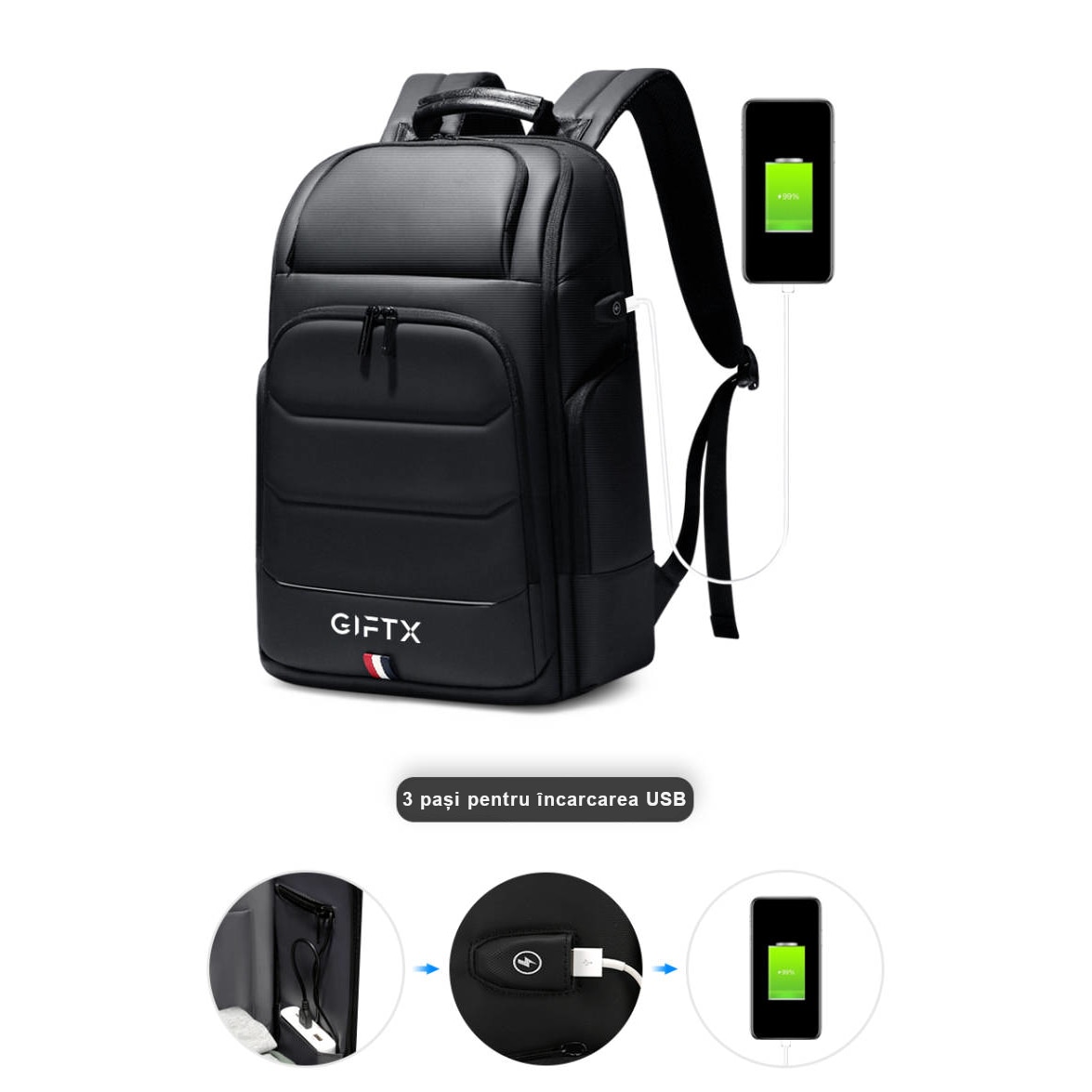 Rucsac laptop GIFTX CENTRO, ghiozdan laptop 17" cu extensie si USB extern, 46x31cm