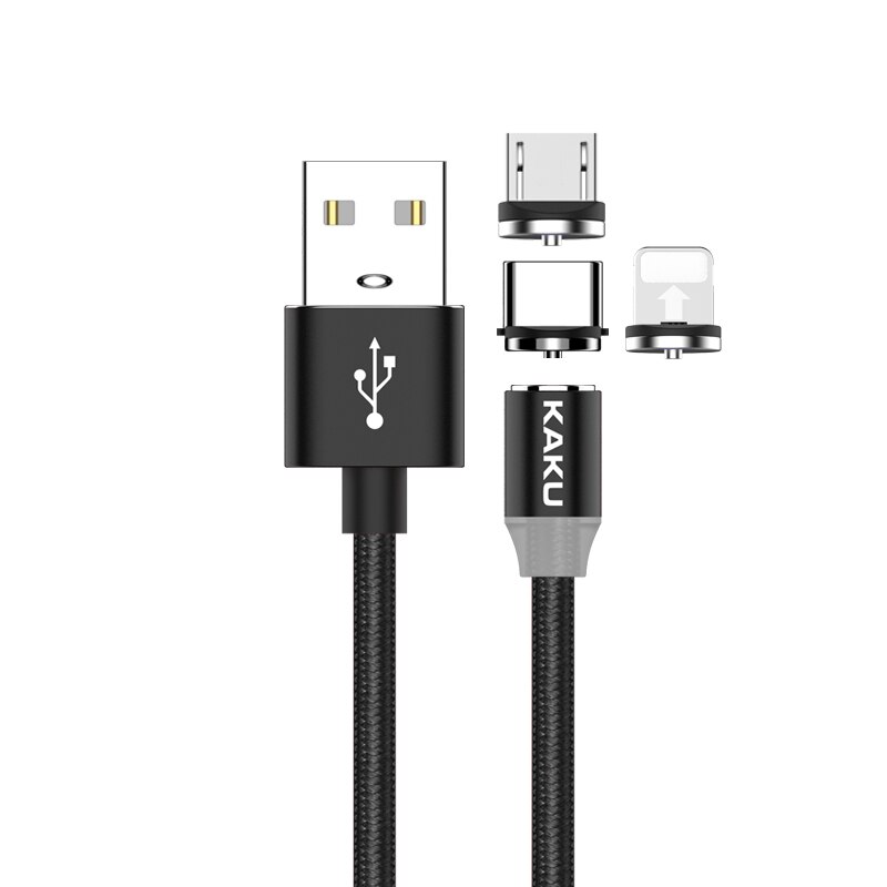 Cablu de incarcare si transfer date KAKU magnetic, 3 in 1 USB-C, Micro-USB, Lightning, conectori metalici din aluminiu, invelis protector din nylon composit impletit, USB, USB-C, Micro-USB, Lightning, 5V, 3.2A, 1m, led, Argintiu/Negru