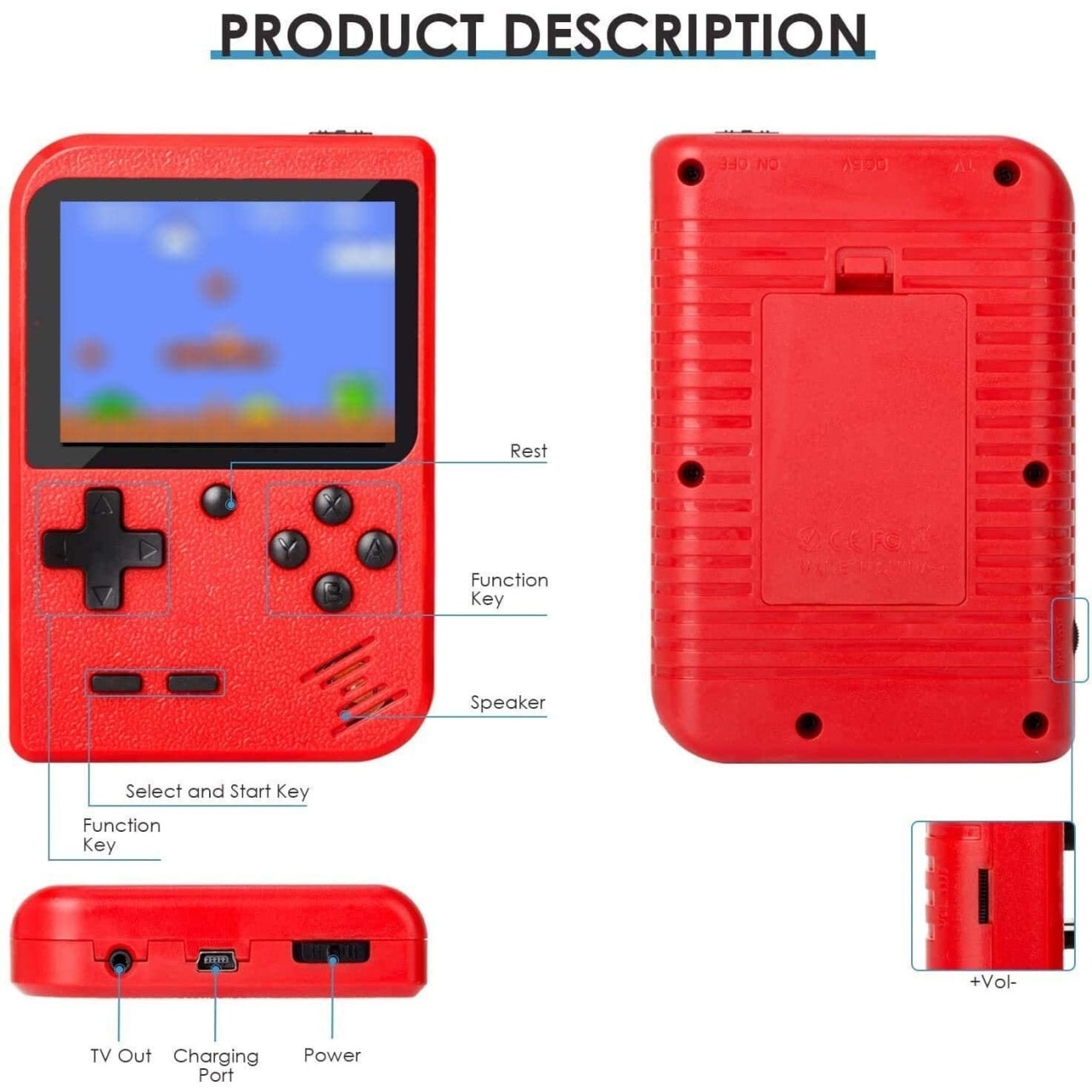Consola portabila de jocuri retro Flyme portabila, 400 de jocuri FC clasice, baterie 1000 mAh, suport conectare la TV si pentru 2 jucatori, Rosu