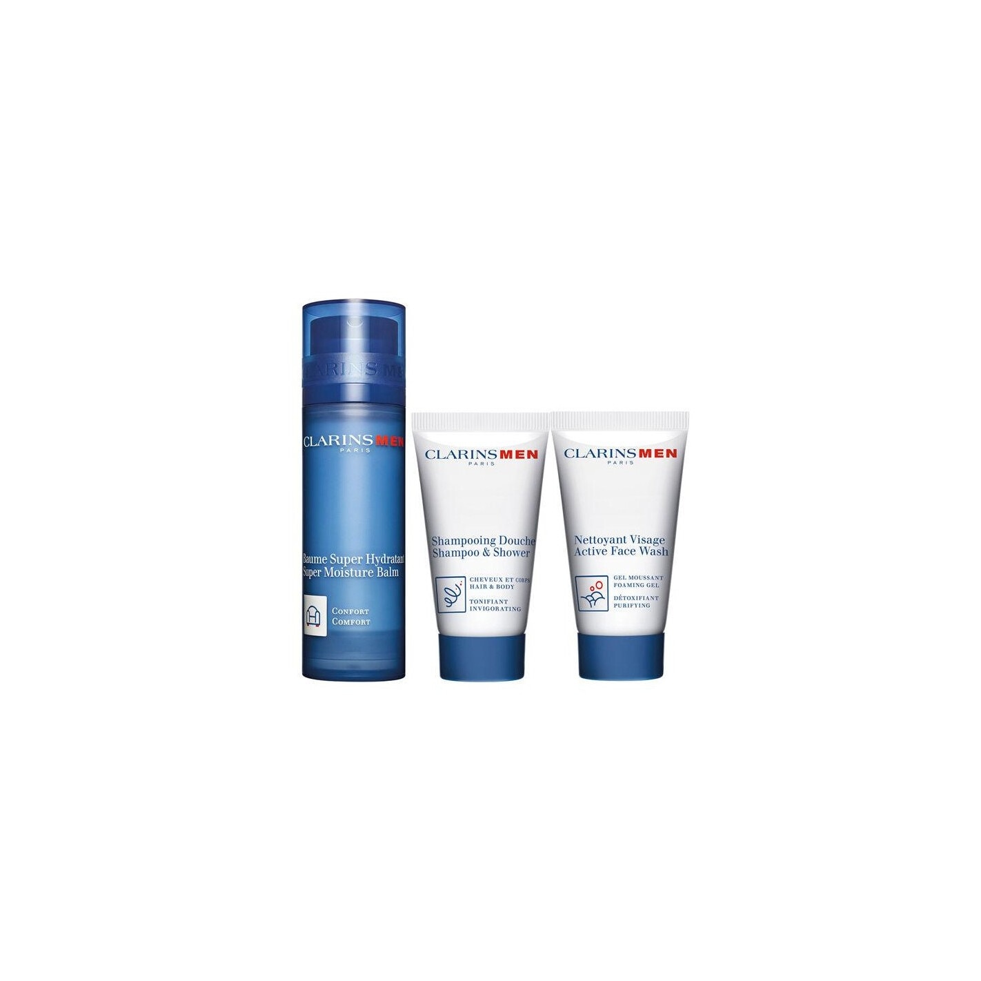 Set de 3 produse de ingrijire pentru barbati, Clarins, Balsam hidratant, Sampon, Gel de curatare a fetei