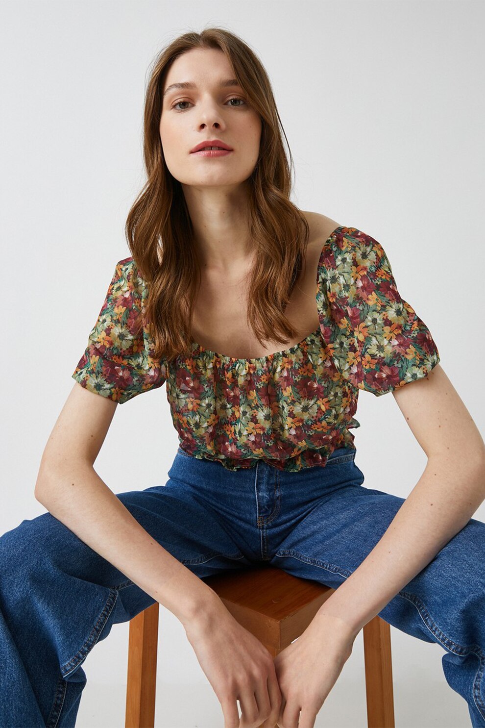 KOTON, Bluza cu imprimeu, decolteu patrat si talie elastica, Multicolora, XL