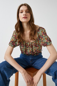 KOTON, Bluza cu imprimeu, decolteu patrat si talie elastica, Multicolora, XL KOTON, Bluza cu imprimeu, decolteu patrat si talie elastica, Multicolora, XL