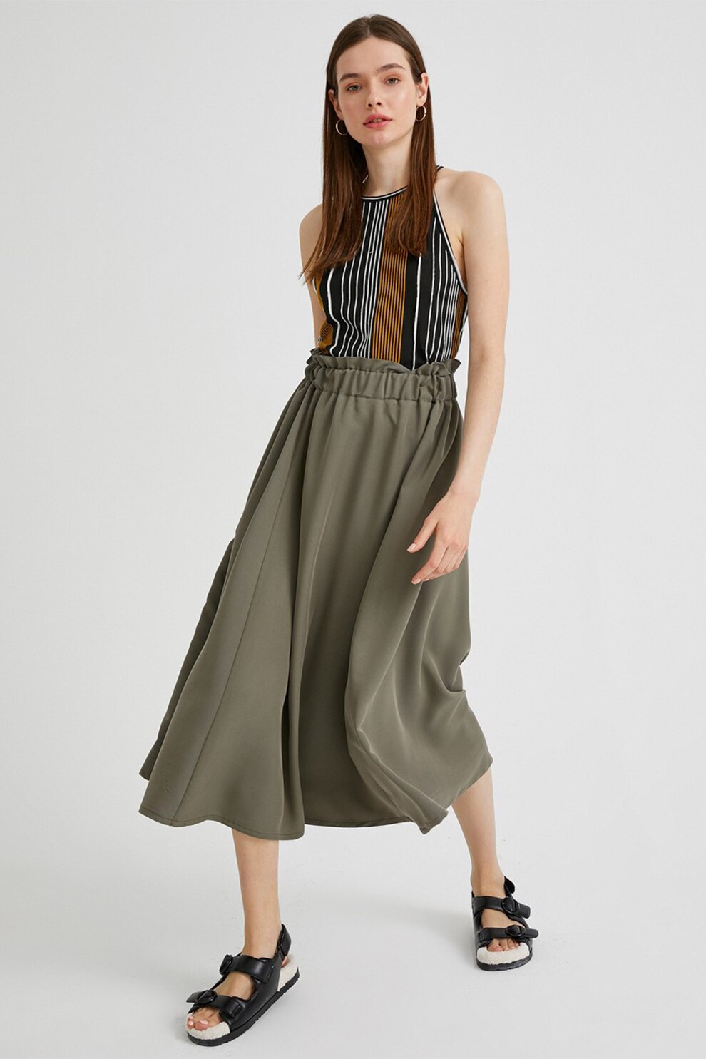 KOTON, Fusta midi evazata din amestec de modal, Verde militar