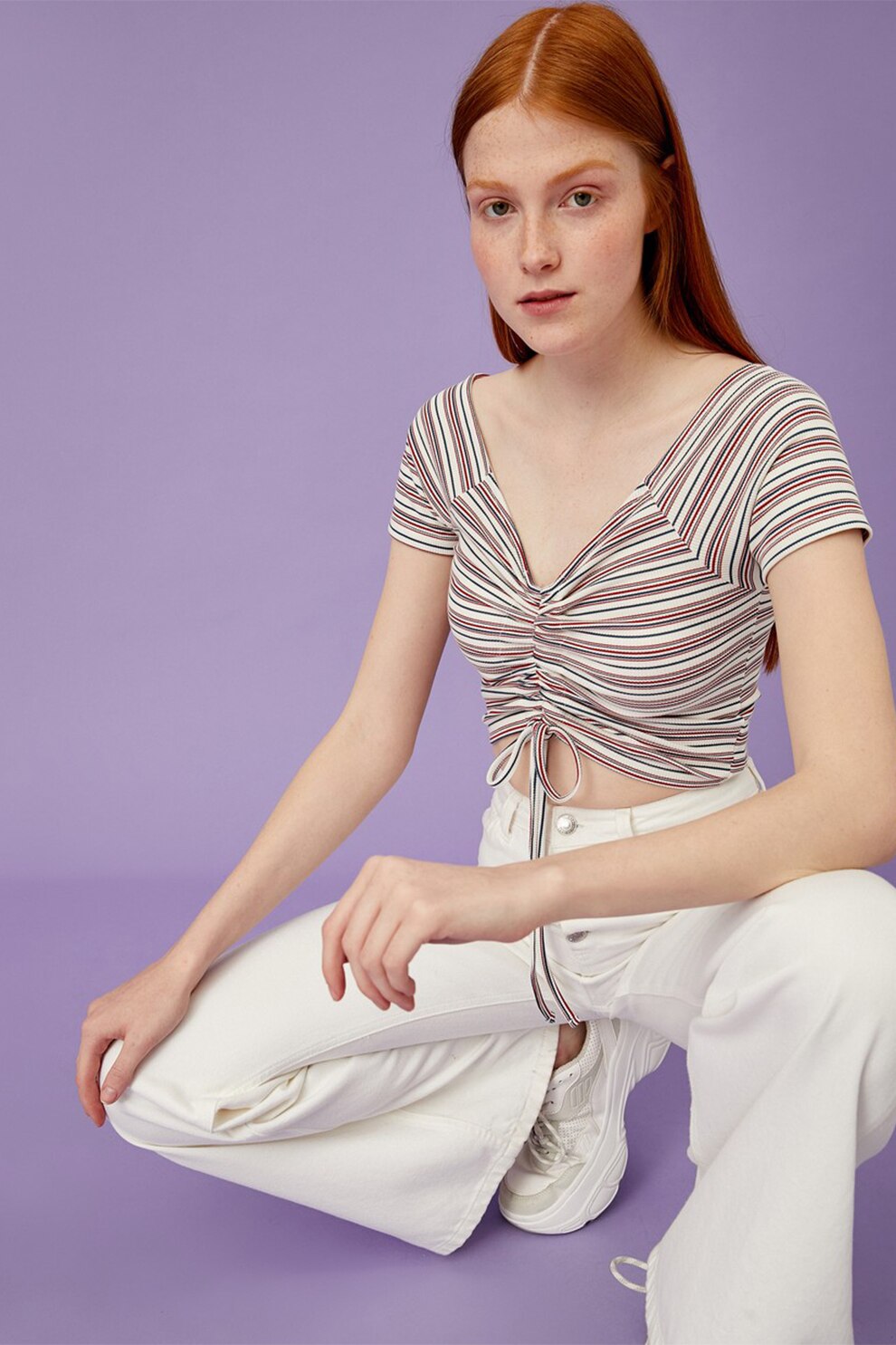 KOTON, Tricou crop cu snur de ajustare, Crem/Rosu/Albastru, XL