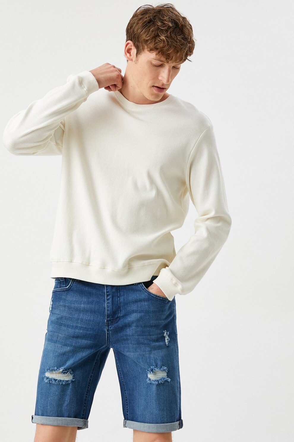 KOTON, Bermude din denim cu aspect deteriorat, Albastru inchis, 2XS