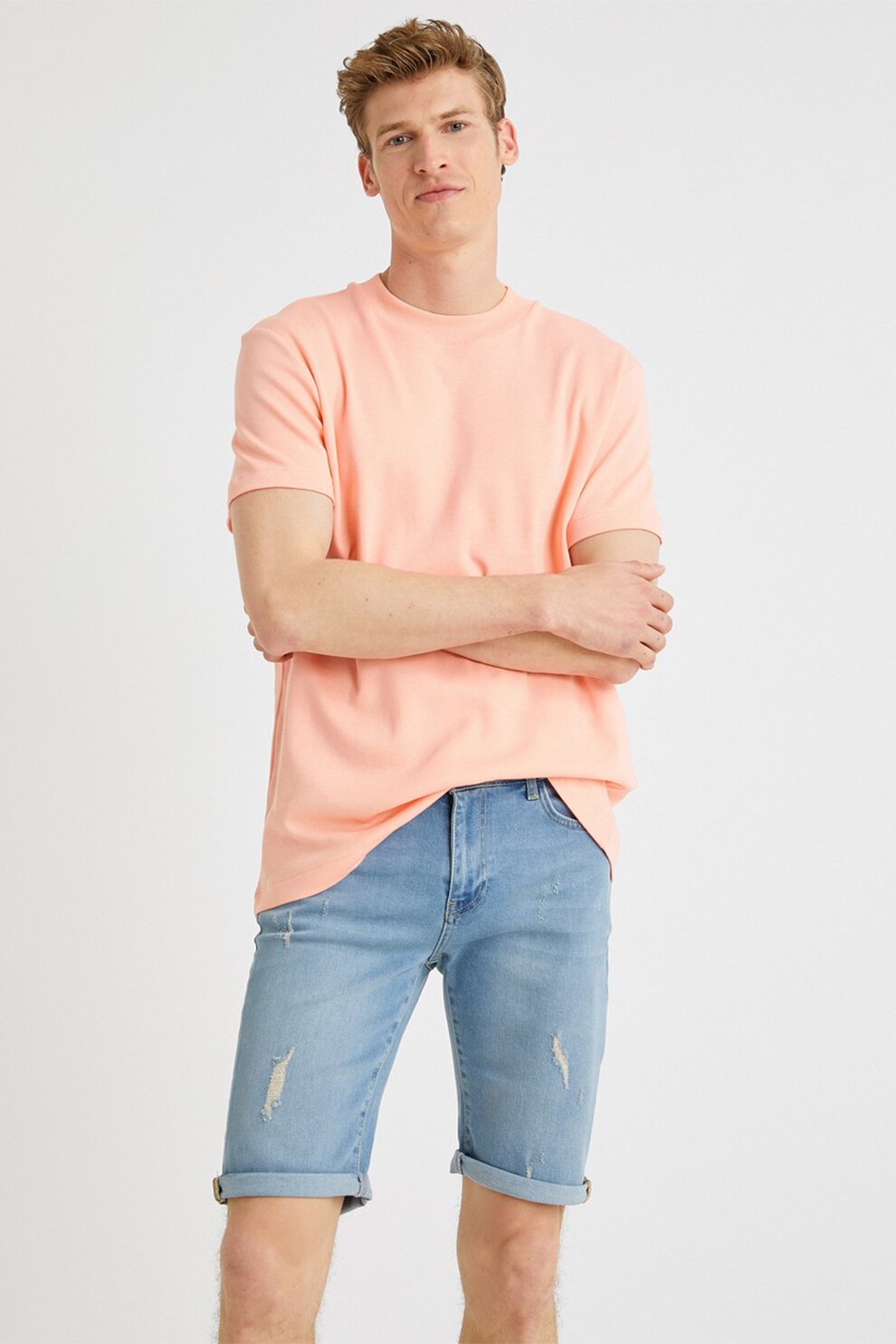 KOTON, Bermude din denim cu aspect deteriorat, Albastru deschis