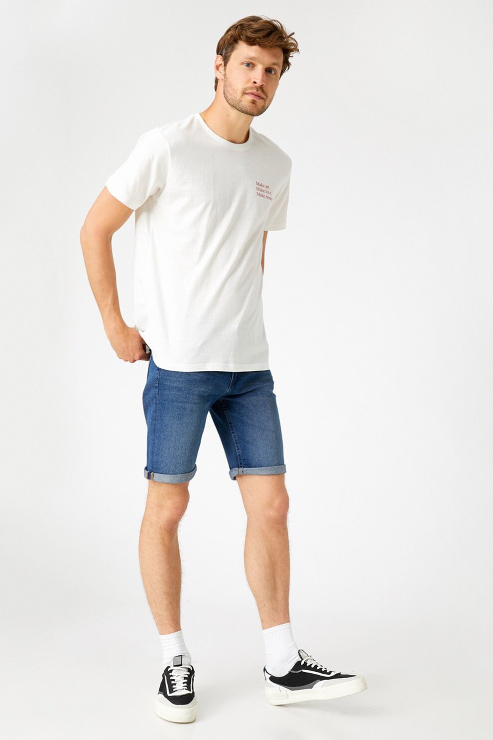 KOTON, Bermude din denim cu aspect decolorat, Albastru inchis, 2XS