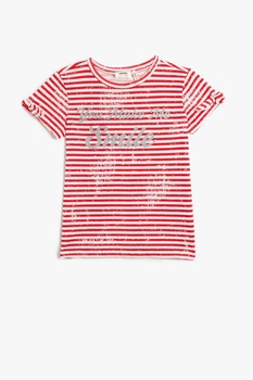 KOTON, Tricou in dungi cu imprimeu stralucitor, Rosu/Alb, 122-128 CM KOTON, Tricou in dungi cu imprimeu stralucitor, Rosu/Alb, 122-128 CM