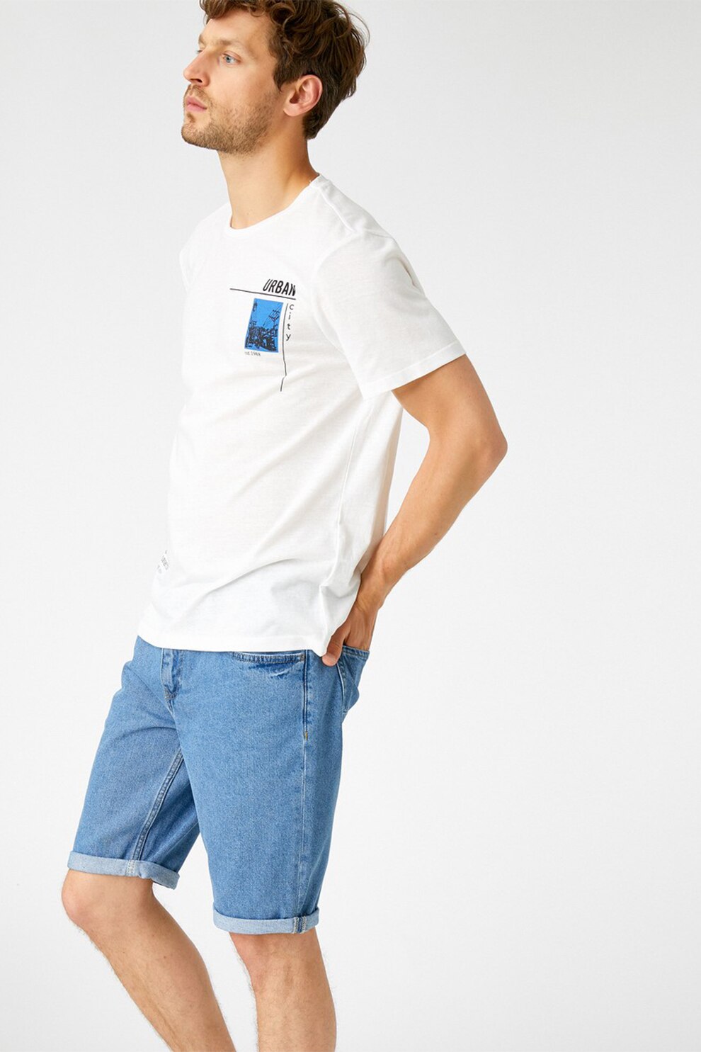 KOTON, Bermude de denim cu terminatie pliata, Albastru pastel