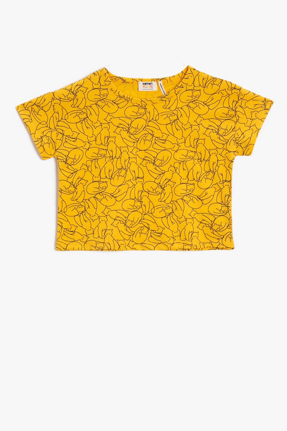KOTON, Tricou de bumbac cu imprimeu cu pisici si maneci cazute, Oranj/Negru