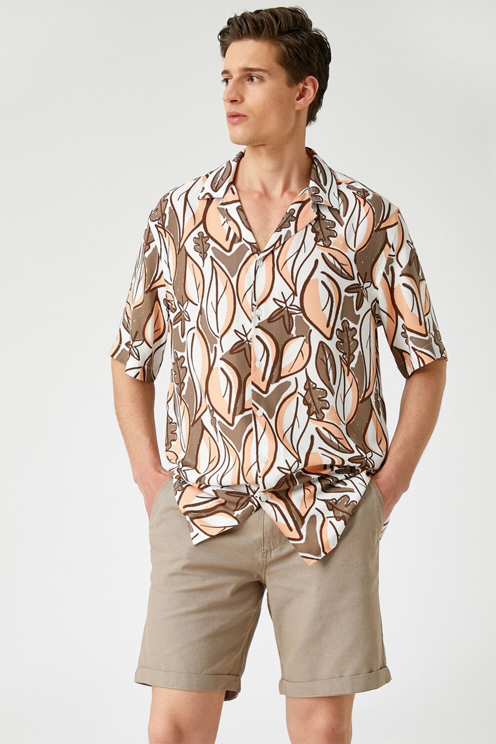 KOTON, Pantaloni scurti chino din amestec de in, Maro taupe deschis